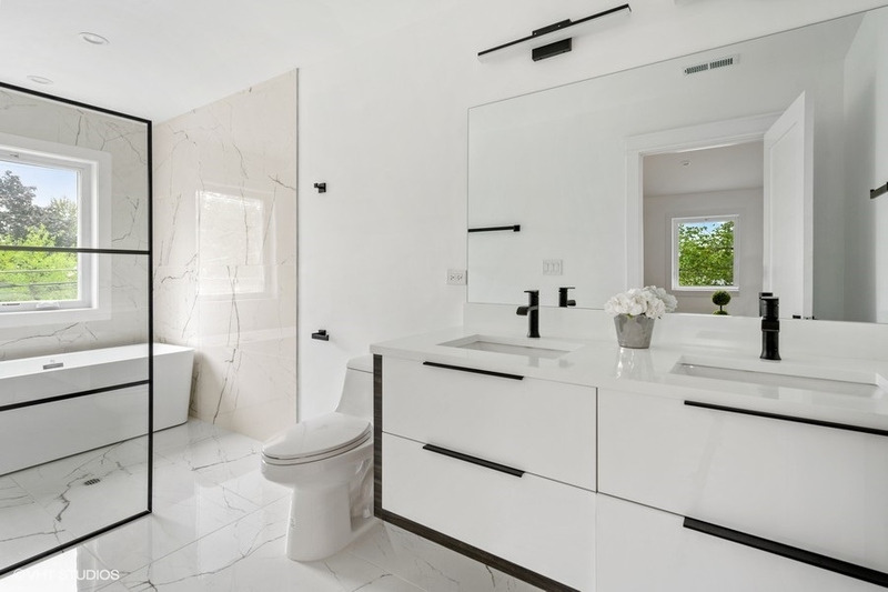 Custom European design master bath with floating vanity