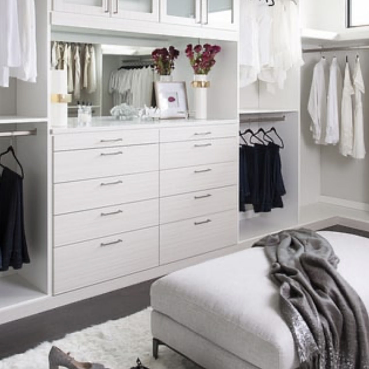 Dressing room built-ins with frosted glass uppers