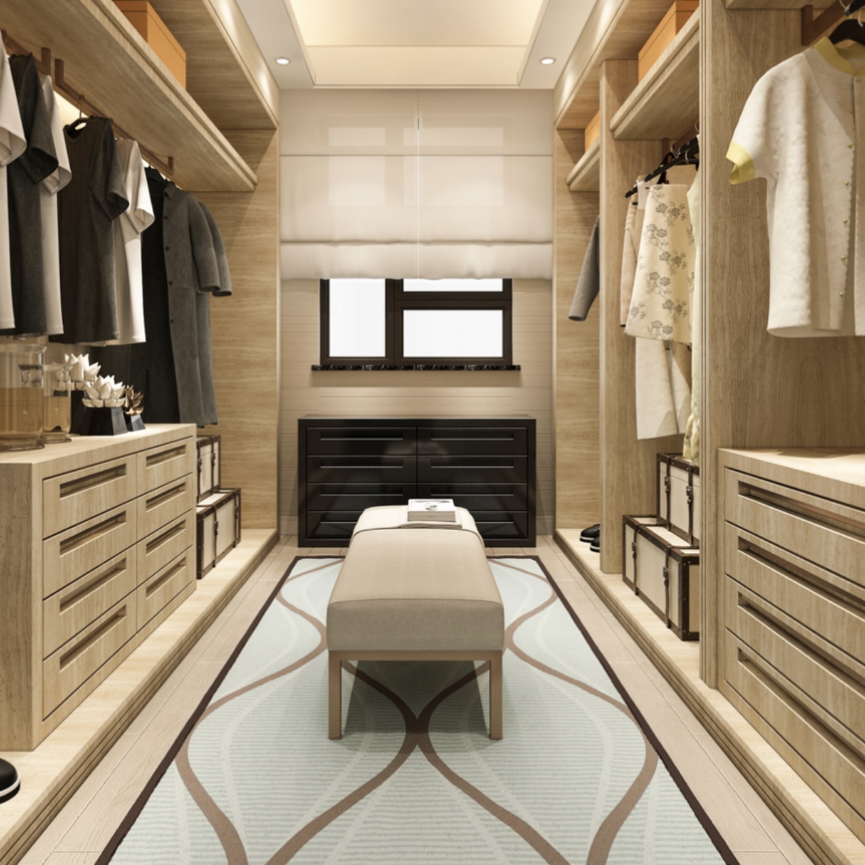 European walk-in closet in beige wood with bench and black dresser