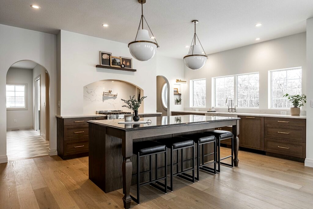 Dark wood kitchen island with arched alcove and globe pendant lights