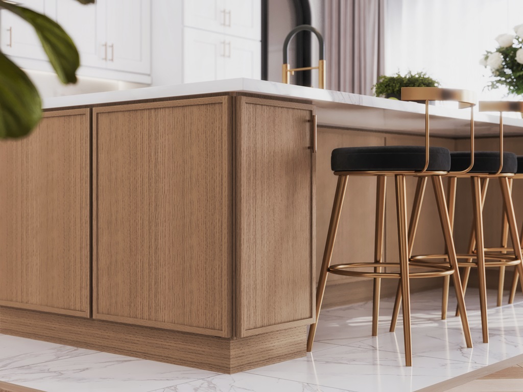Rift oak island detail with brass hardware and gold bar stools