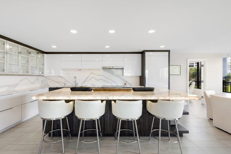 Modern custom kitchen with waterfall island, Sarasota