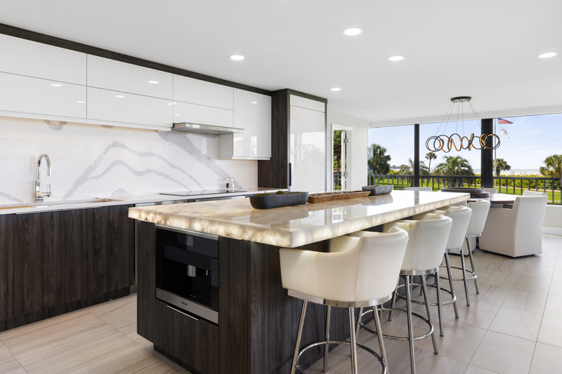Modern custom kitchen with illuminated onyx island, Sarasota, Florida