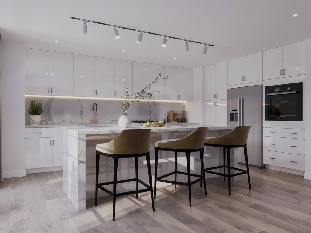 White flat panel kitchen with marble waterfall island and track lighting