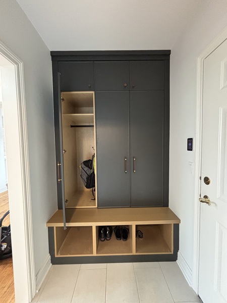 Charcoal coat locker with bench and shoe cubbies